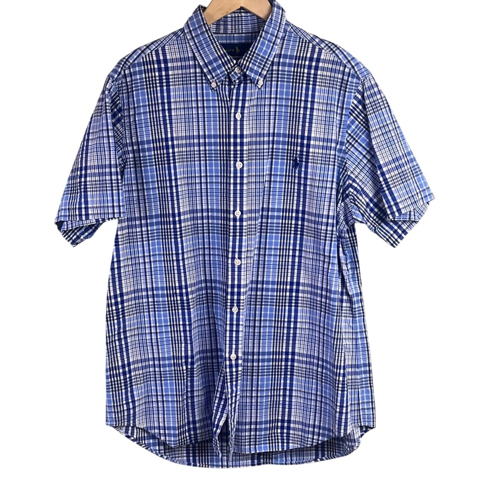 Ralph Lauren Blue Black Plaid Seersucker Short Sleeve Shirt Large Preppy Pony